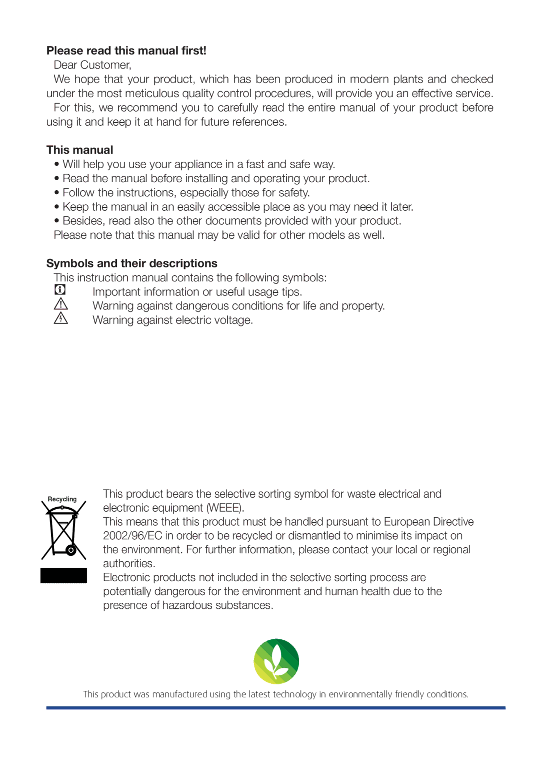 Beko DN151120X Please read this manual first, Dear Customer, This manual, Symbols and their descriptions 