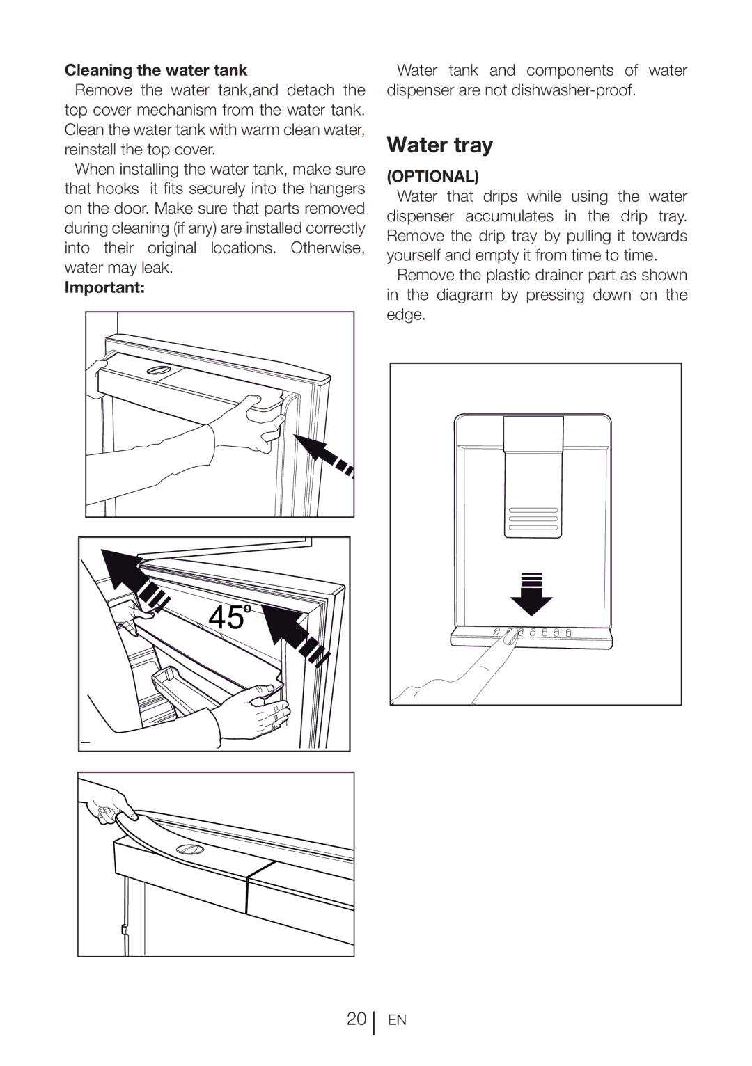 Beko DN151120X manual Water tray, Cleaning the water tank 