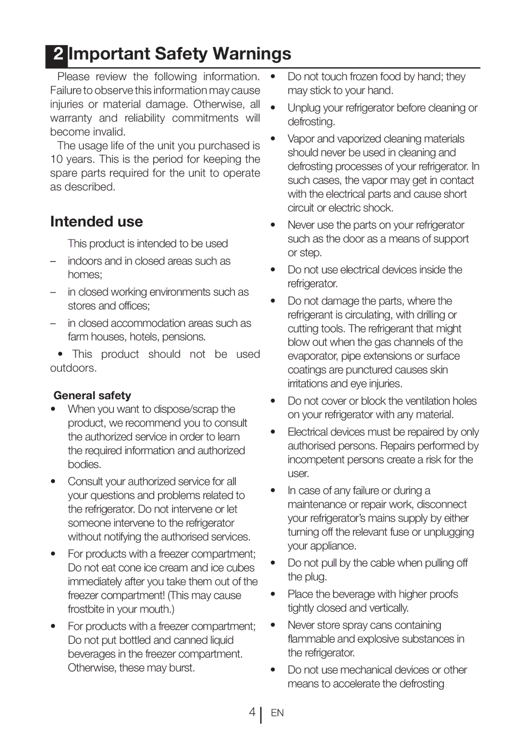 Beko DN151120X manual Important Safety Warnings, Intended use, General safety 