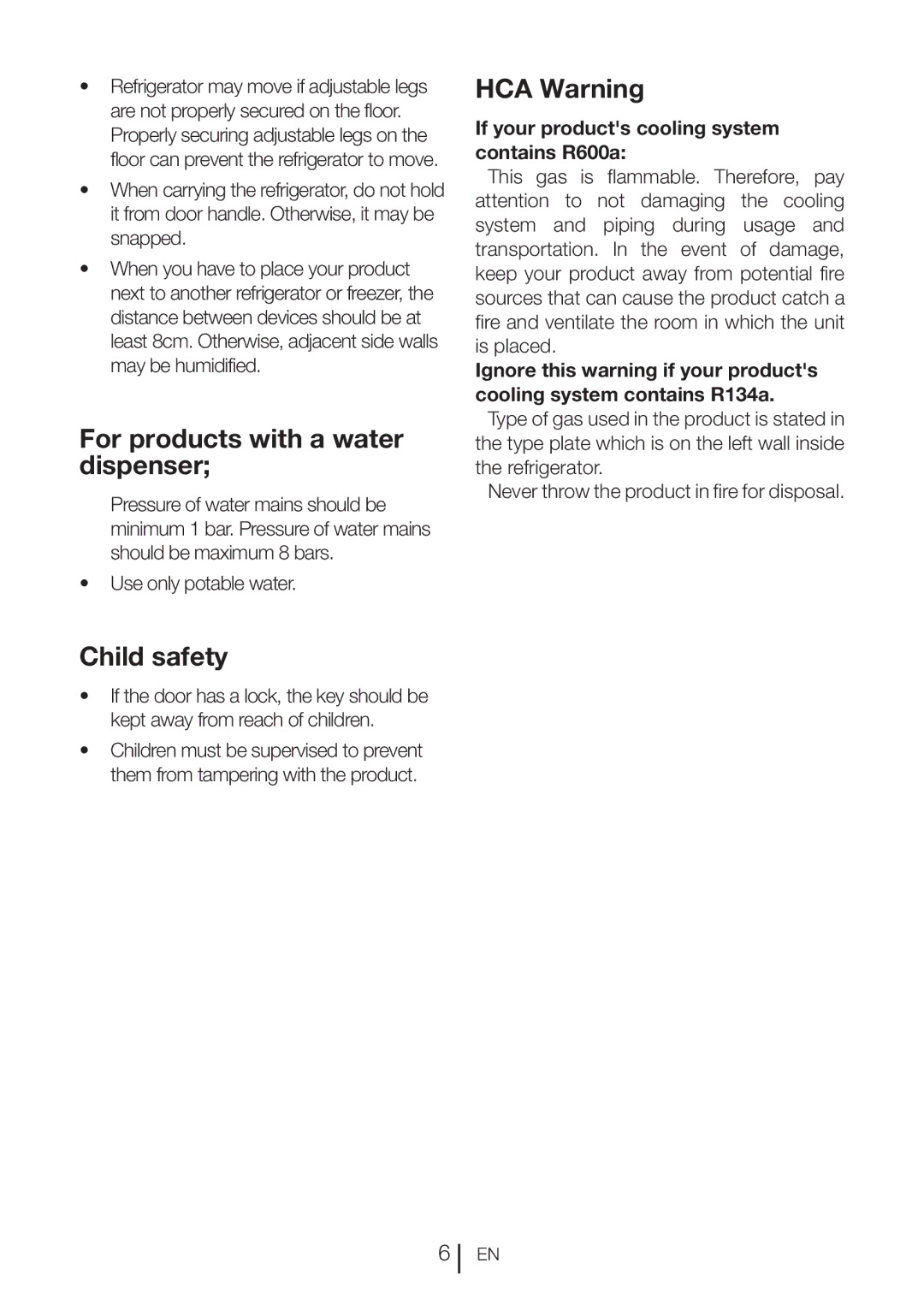 Beko DN151120X manual For products with a water dispenser, Child safety, HCA Warning 