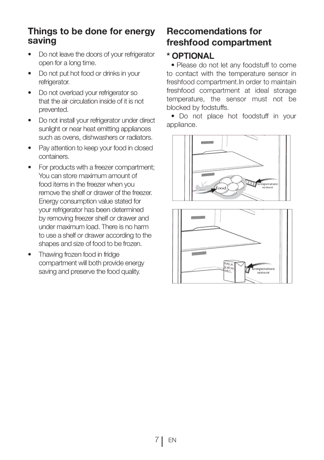 Beko DN151120X manual Things to be done for energy saving, Reccomendations for freshfood compartment 