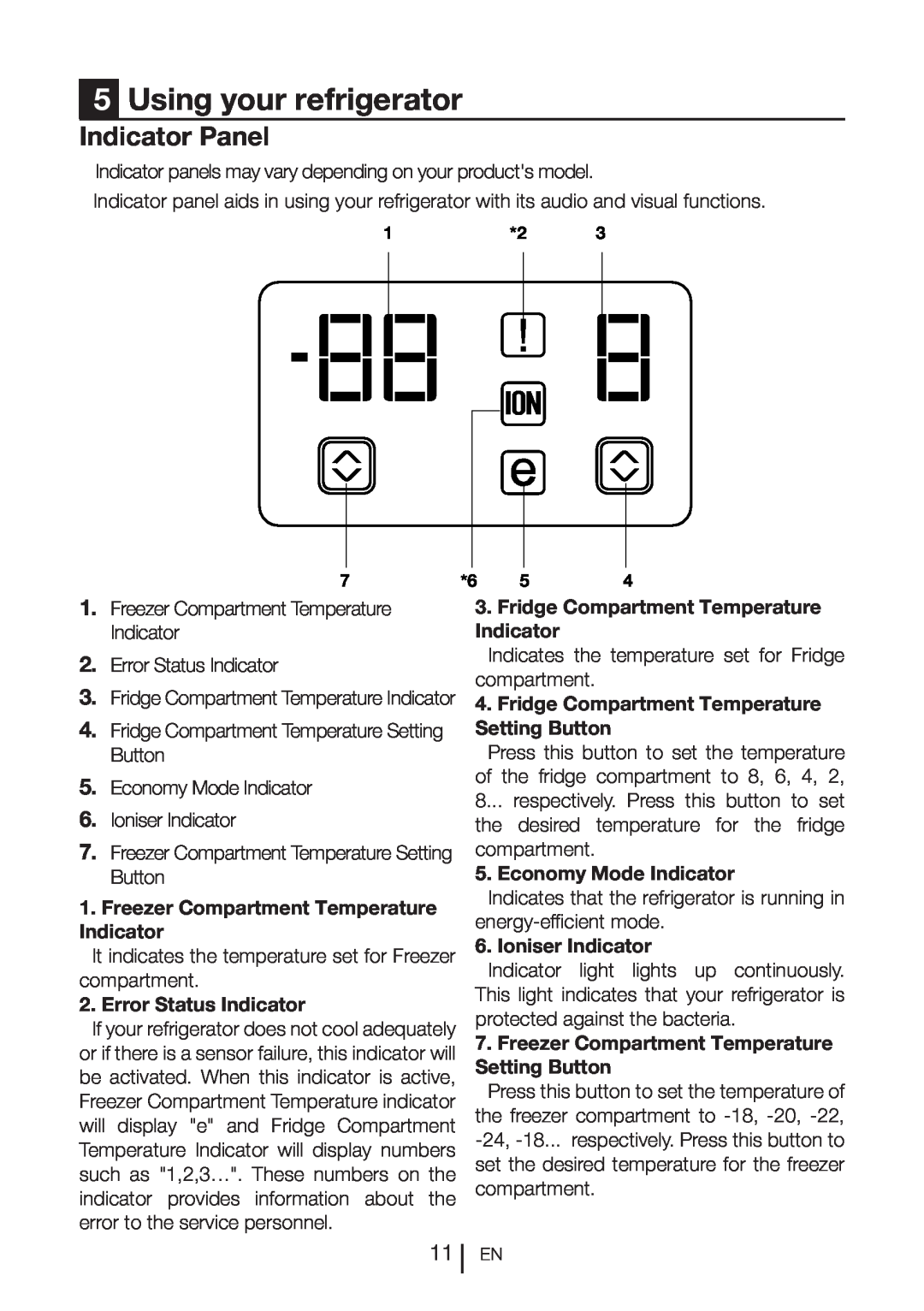 Beko DN151120X manual 5Using your refrigerator, Freezer Compartment Temperature Indicator, Error Status Indicator 