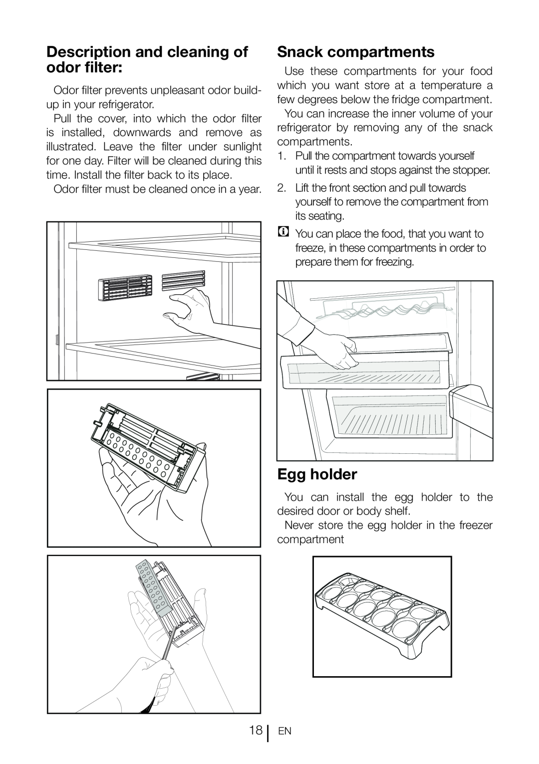 Beko DN151120X manual Description and cleaning of odor filter, Snack compartments, Egg holder 