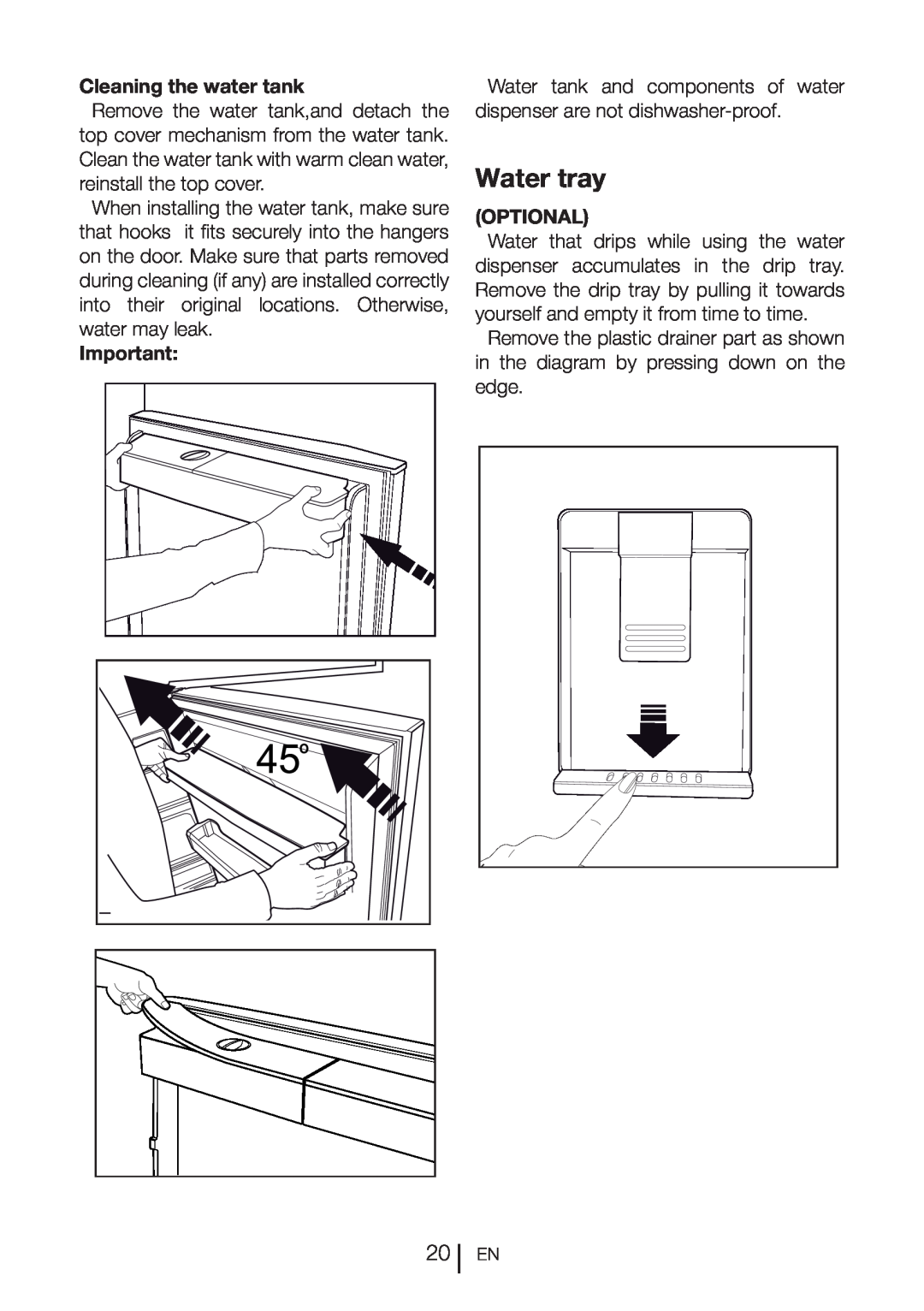 Beko DN151120X manual Water tray, Cleaning the water tank, Optional 