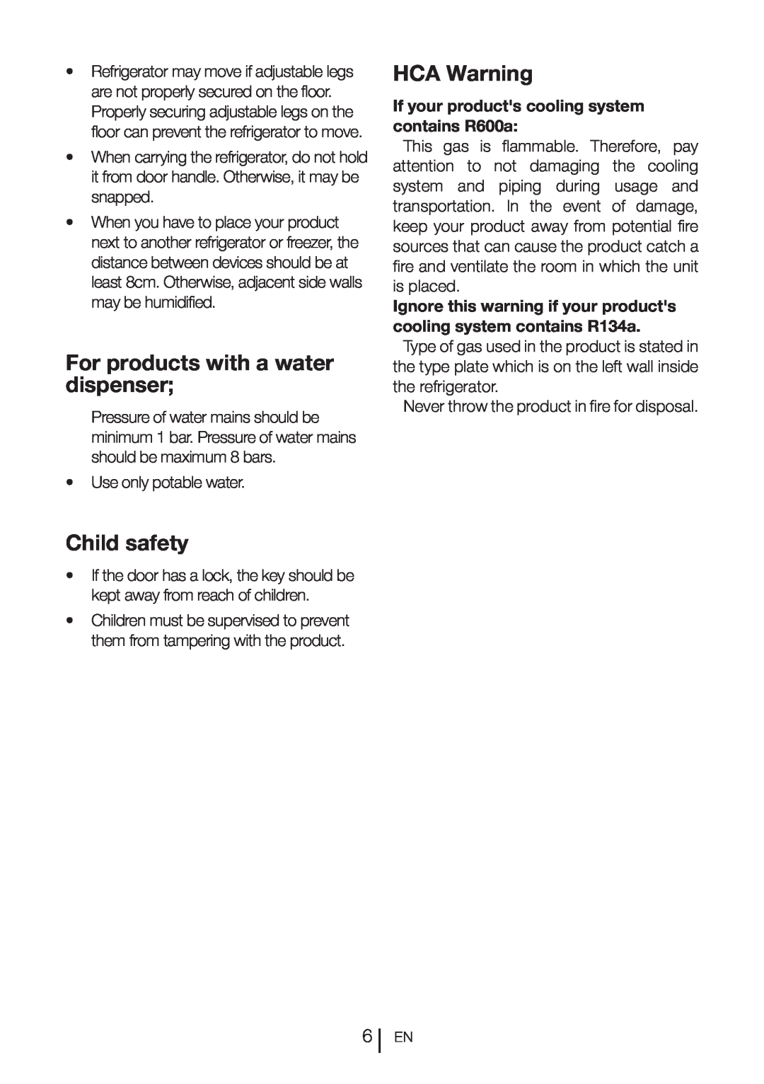 Beko DN151120X manual For products with a water dispenser, Child safety, HCA Warning 