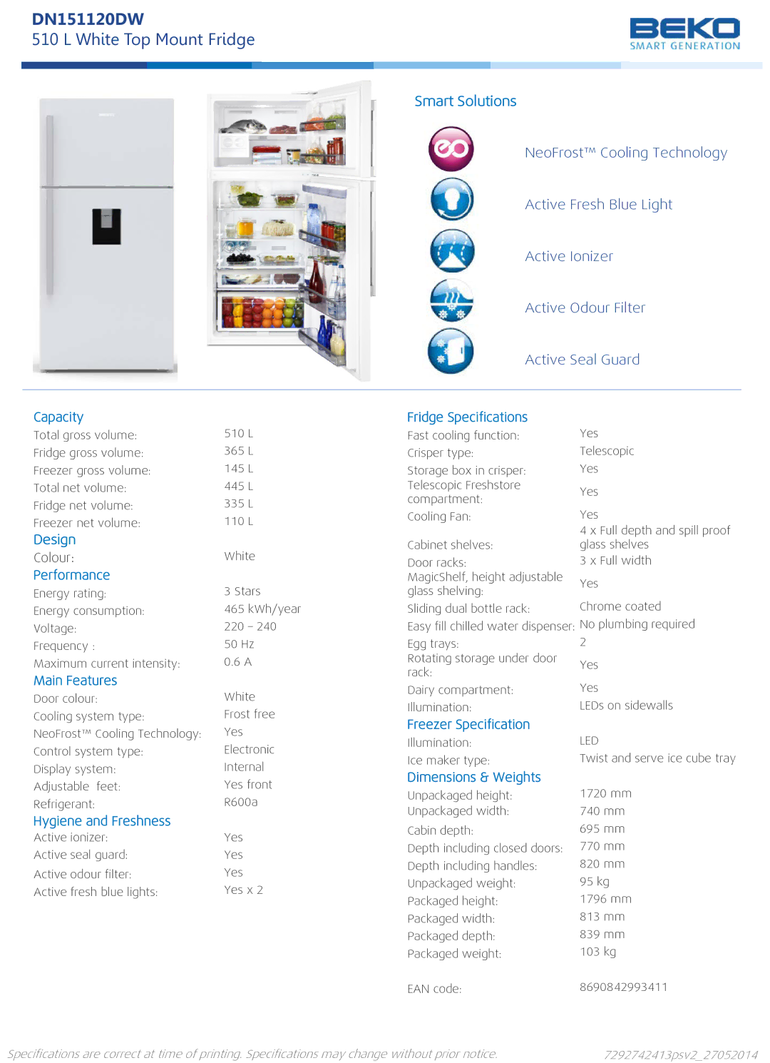 Beko DN151120DW specifications Capacity, Performance, Main Features, Fridge Specifications, Hygiene and Freshness 