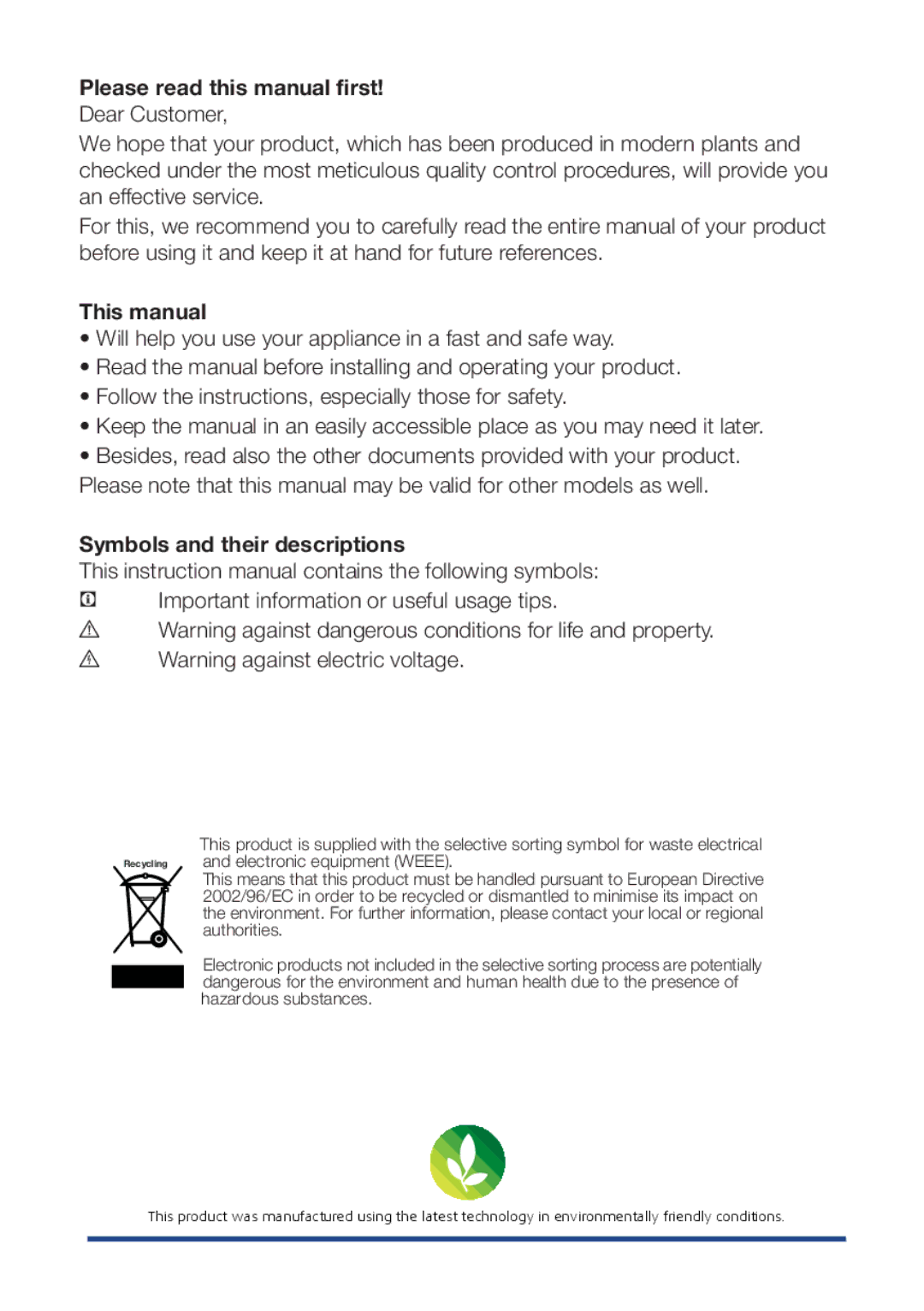 Beko DNE 25020 S Please read this manual first, This manual, Symbols and their descriptions 