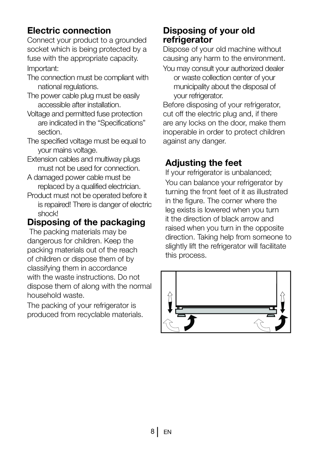 Beko DNE 25020 Electric connection, Disposing of the packaging, Disposing of your old refrigerator, Adjusting the feet 