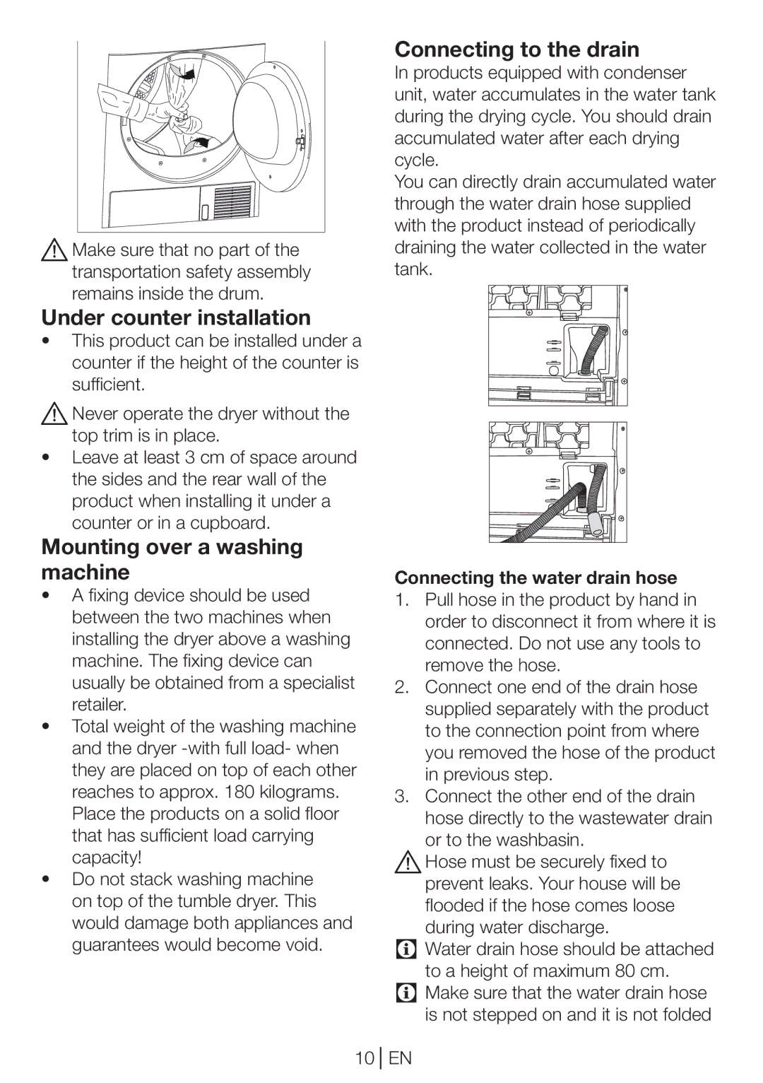 Beko DP 8045 CW manual Under counter installation, Mounting over a washing machine, Connecting to the drain 