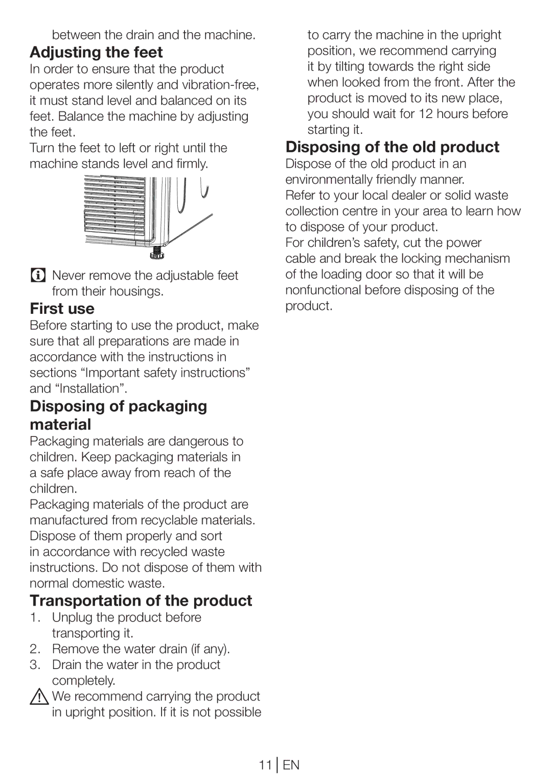 Beko DP 8045 CW manual Adjusting the feet, First use, Disposing of packaging material, Transportation of the product 