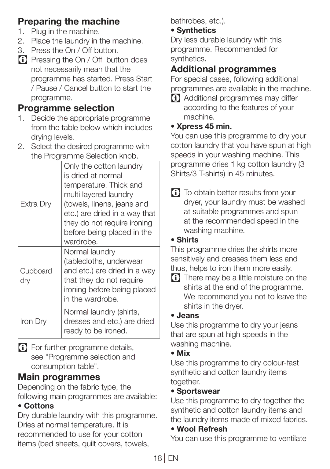 Beko DP 8045 CW manual Preparing the machine, Programme selection, Main programmes, Additional programmes 