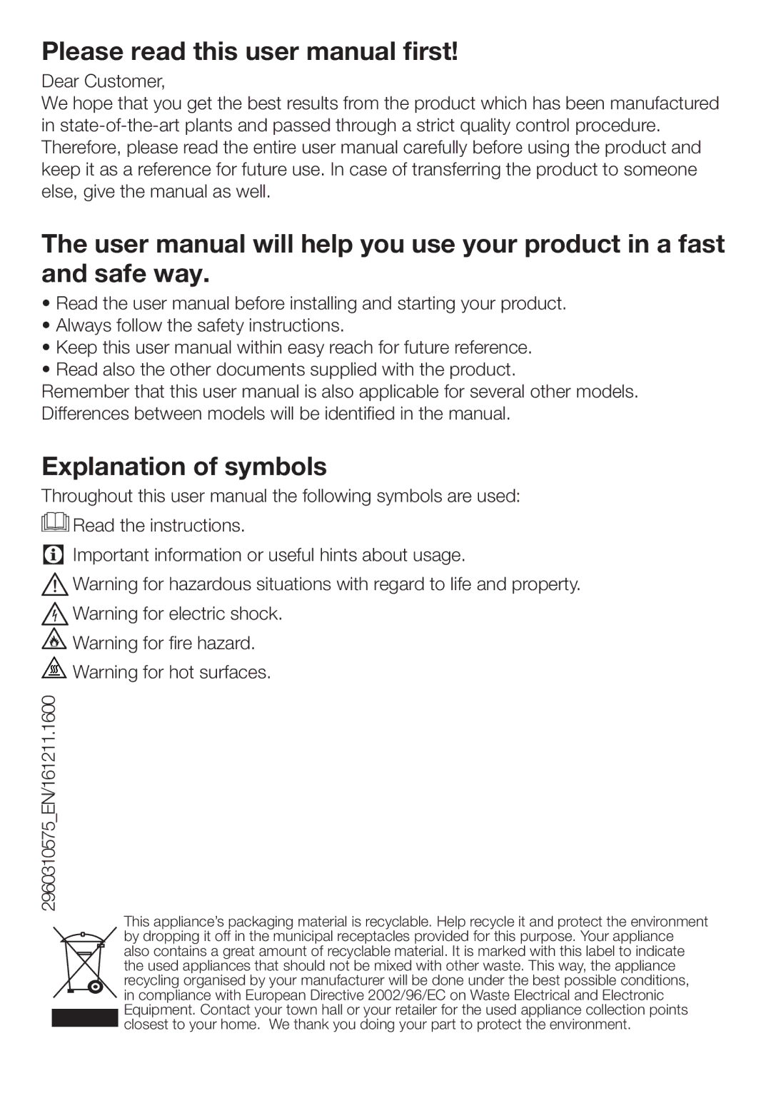 Beko DP 8045 CW manual Explanation of symbols, 2960310575EN/161211.1600 