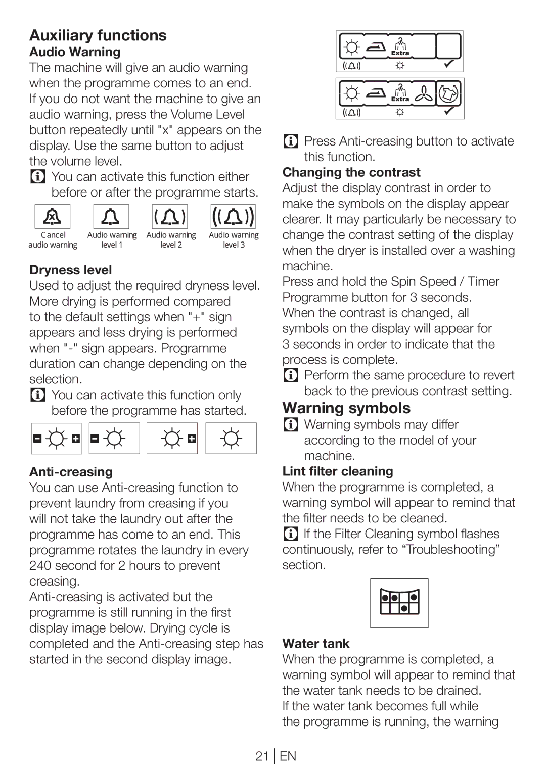 Beko DP 8045 CW manual Auxiliary functions 