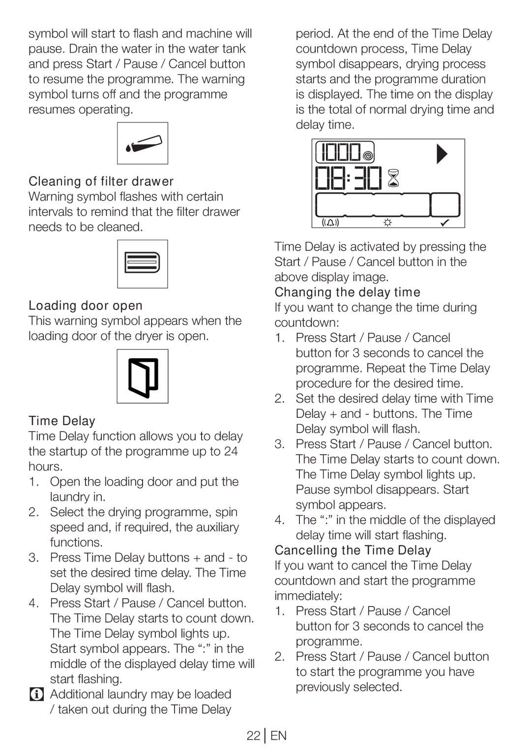 Beko DP 8045 CW manual Changing the delay time, Cancelling the Time Delay 