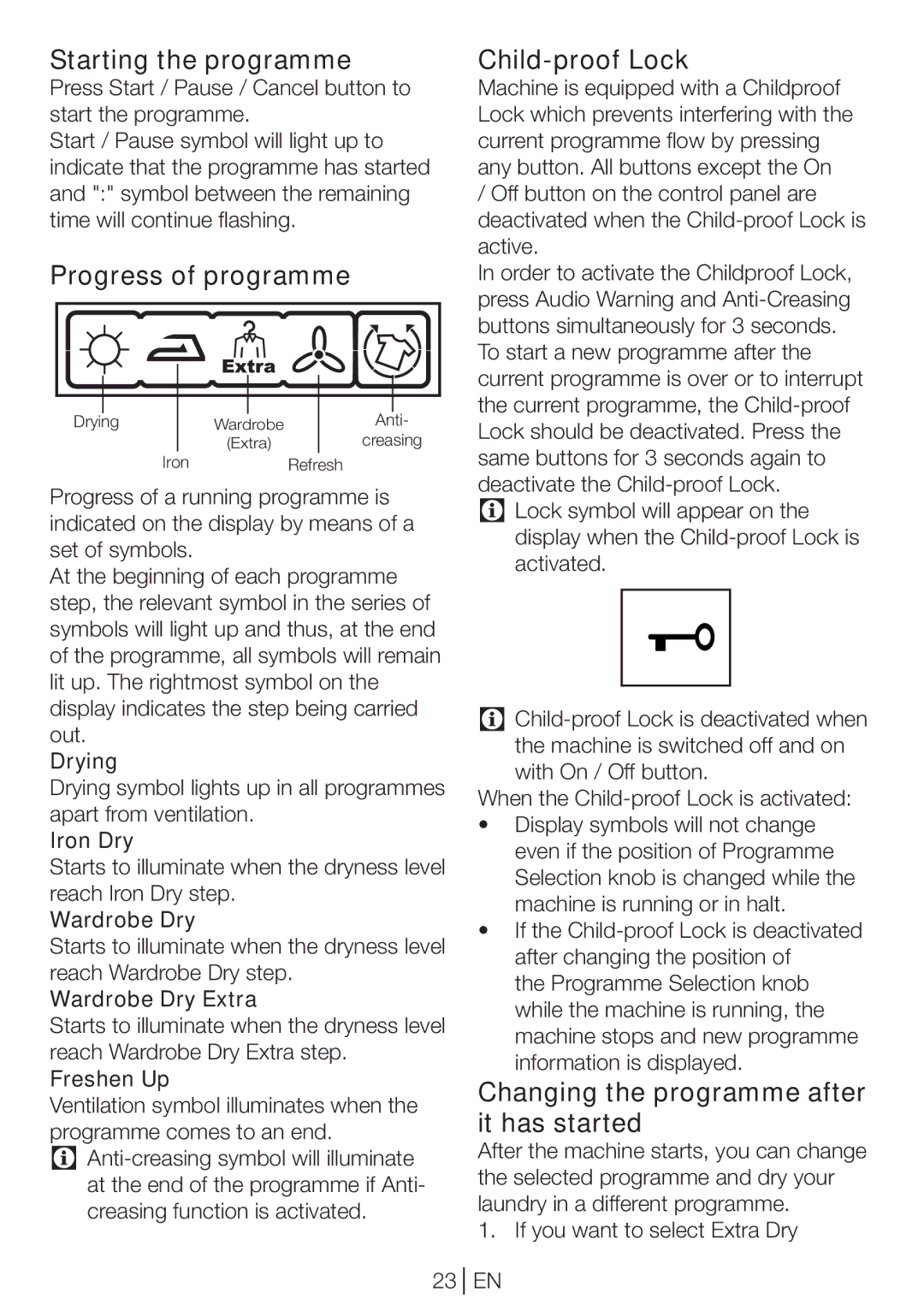 Beko DP 8045 CW manual Starting the programme, Progress of programme, Child-proof Lock 