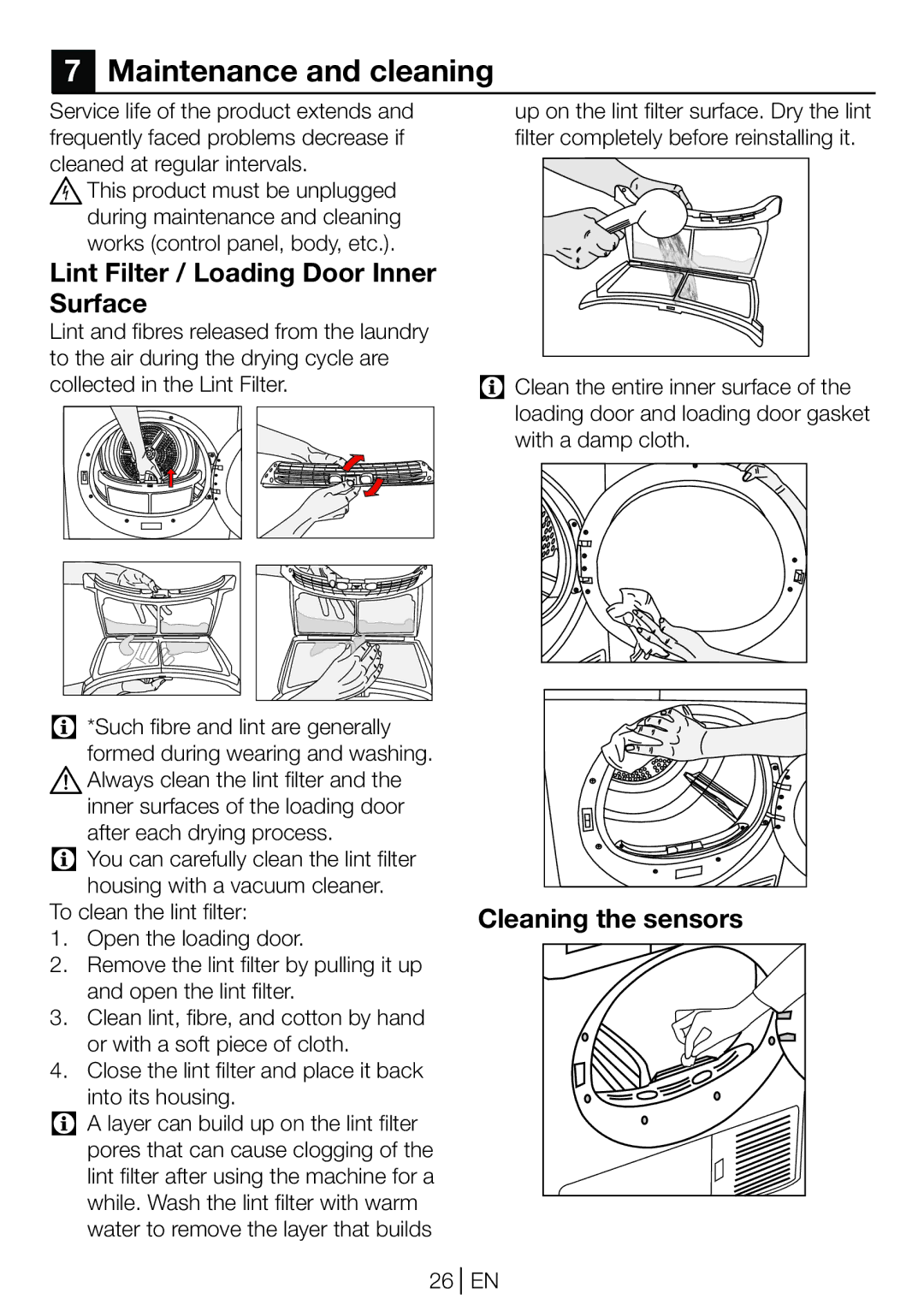 Beko DP 8045 CW manual Maintenance and cleaning, Lint Filter / Loading Door Inner Surface, Cleaning the sensors 