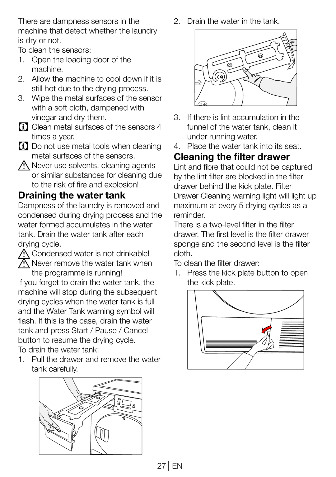 Beko DP 8045 CW manual Draining the water tank, Cleaning the filter drawer 