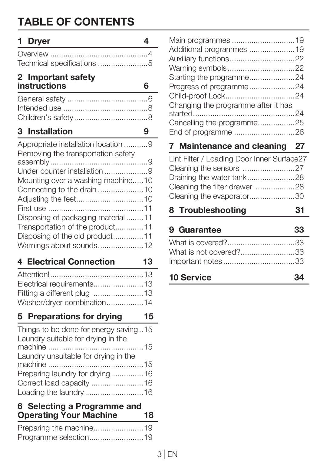 Beko DP 8045 CW manual Table of Contents 