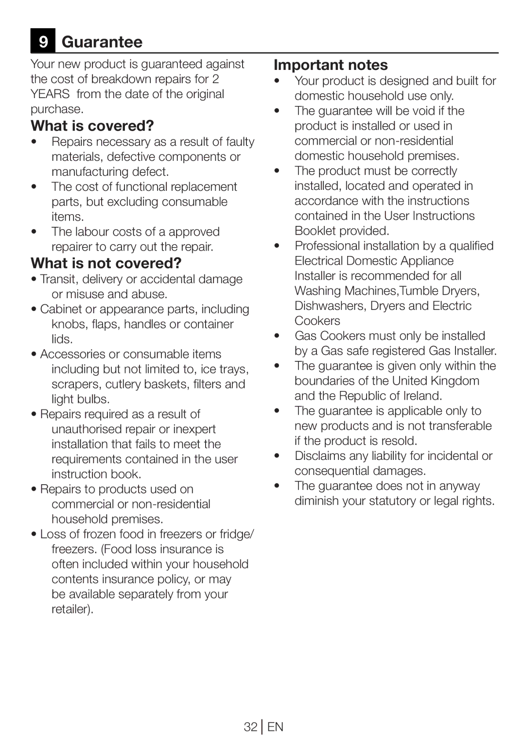 Beko DP 8045 CW manual What is covered?, What is not covered?, Important notes 