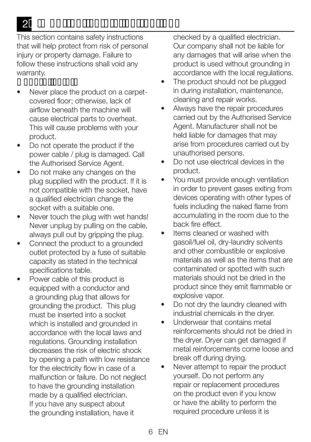 Beko DP 8045 CW manual Important safety instructions, General safety 