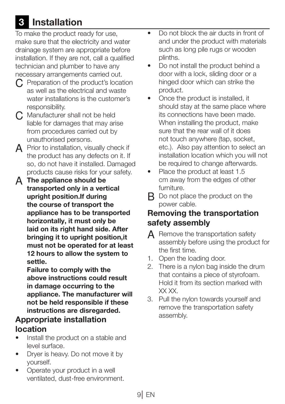 Beko DP 8045 CW manual Installation, Appropriate installation location, Removing the transportation safety assembly 