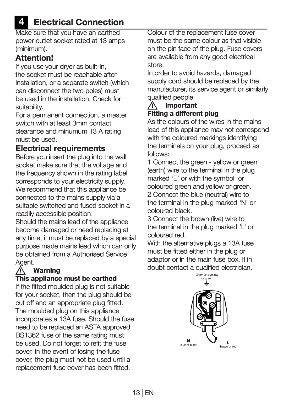 Beko DP 8045 CW manual Electrical Connection, Electrical requirements, A Warning This appliance must be earthed 
