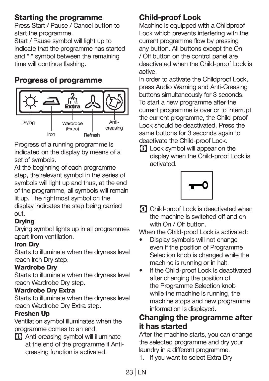 Beko DP 8045 CW manual Starting the programme, Progress of programme, Child-proof Lock, Drying, Iron Dry, Wardrobe Dry 