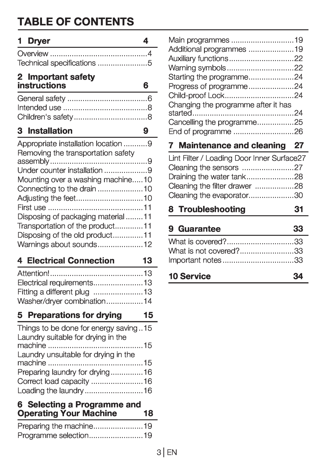 Beko DP 8045 CW manual Table Of Contents 