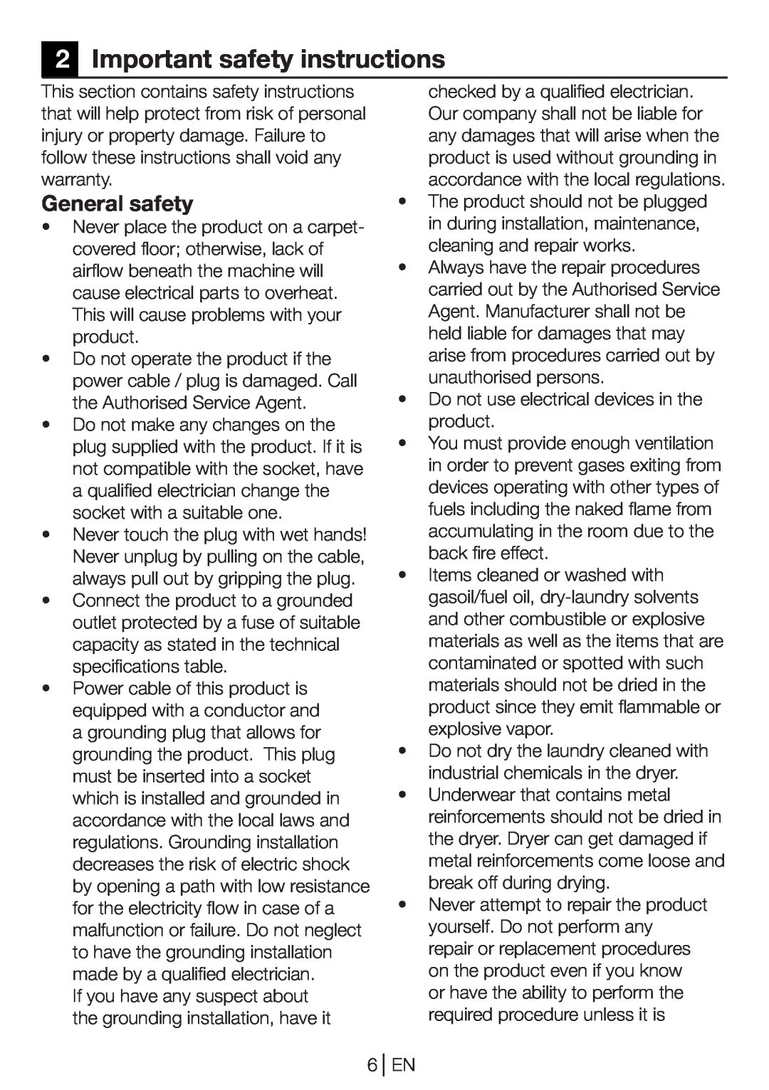 Beko DP 8045 CW manual Important safety instructions, General safety 