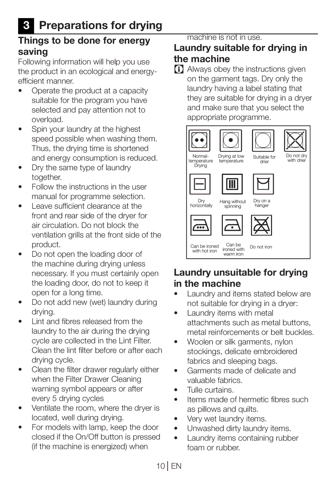 Beko DPU 7360 GX Preparations for drying, Things to be done for energy saving, Laundry suitable for drying in the machine 