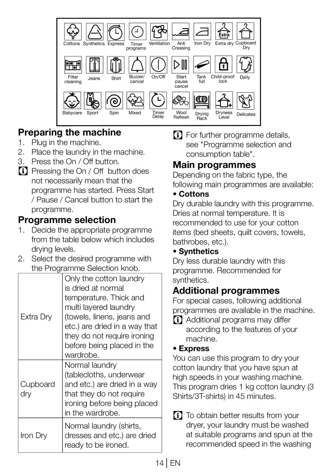 Beko DPU 7360 GX manual Preparing the machine, Programme selection, Main programmes, Additional programmes 