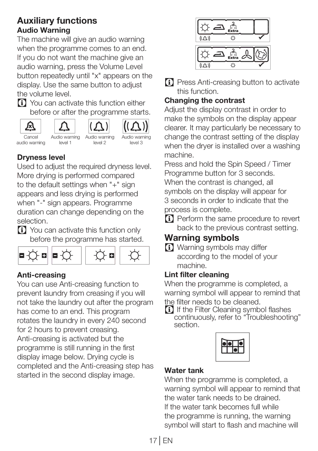 Beko DPU 7360 GX manual Auxiliary functions 