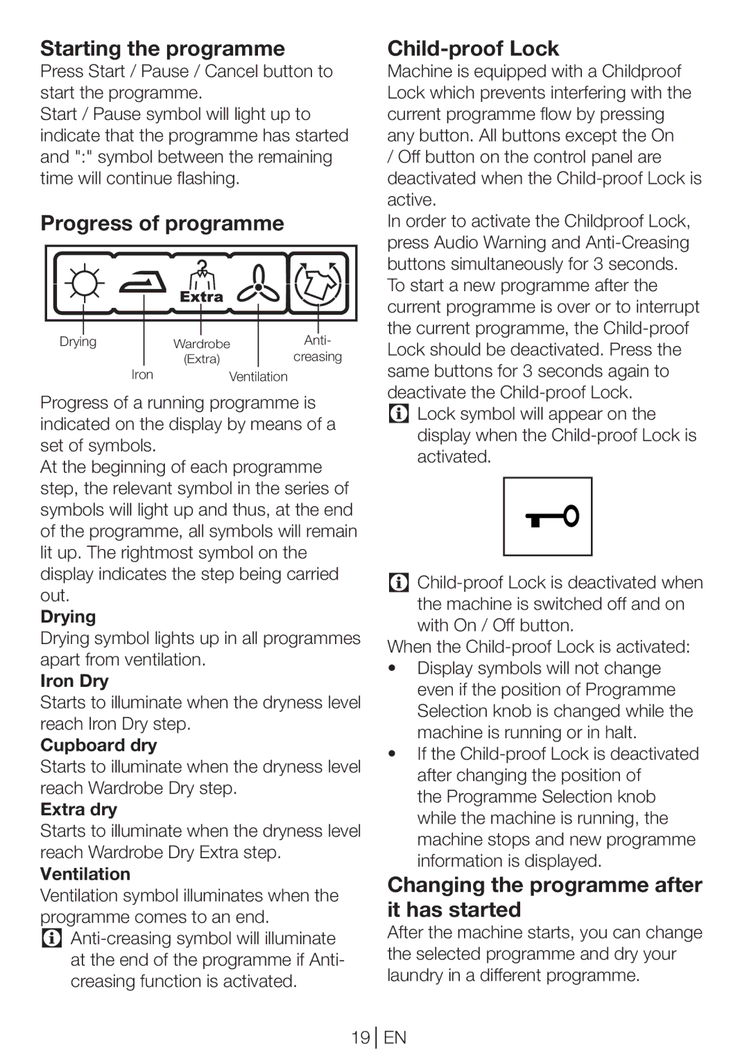 Beko DPU 7360 GX manual Starting the programme, Progress of programme, Child-proof Lock 