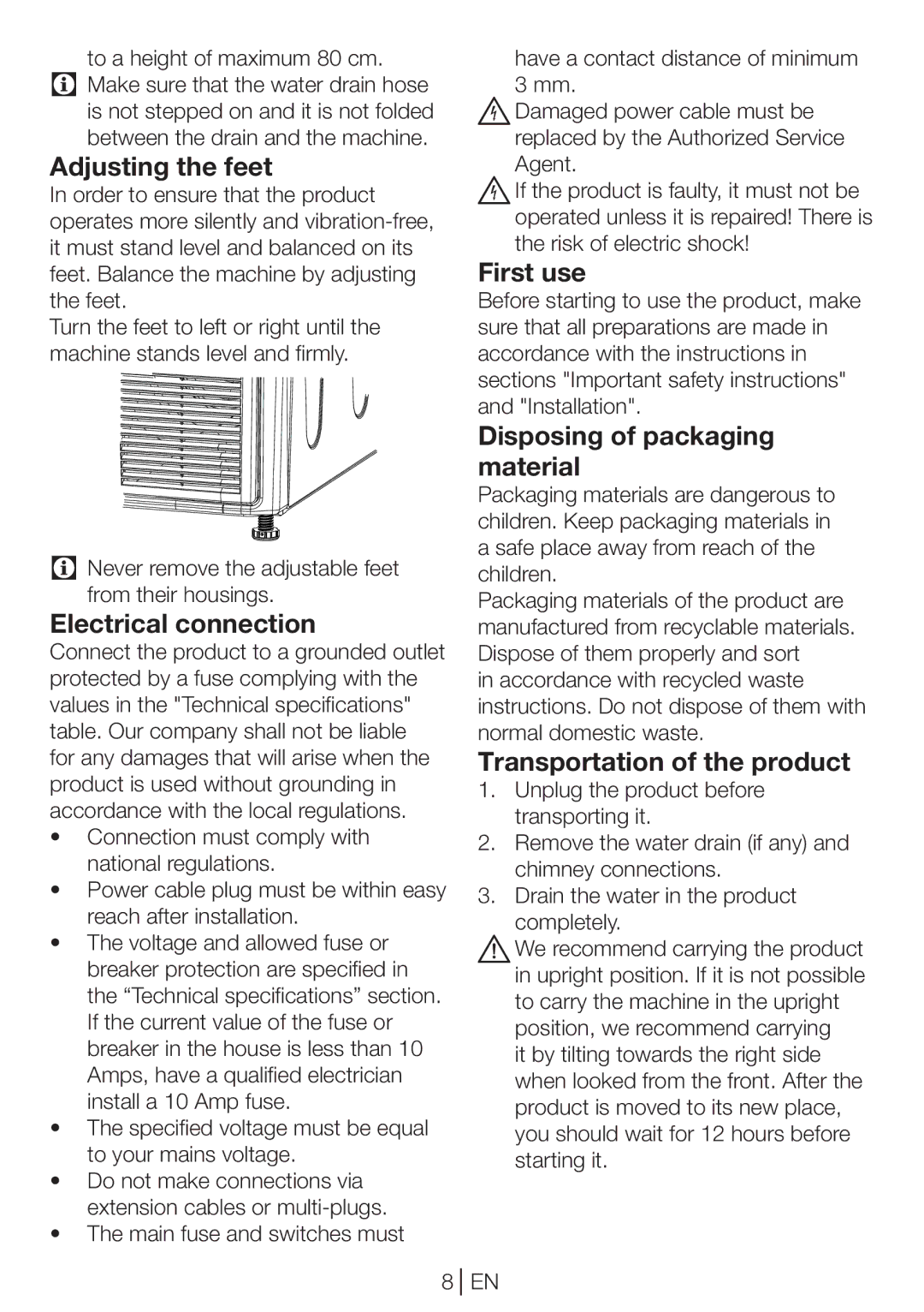 Beko DPU 7360 GX manual Adjusting the feet, Electrical connection, First use, Disposing of packaging material 