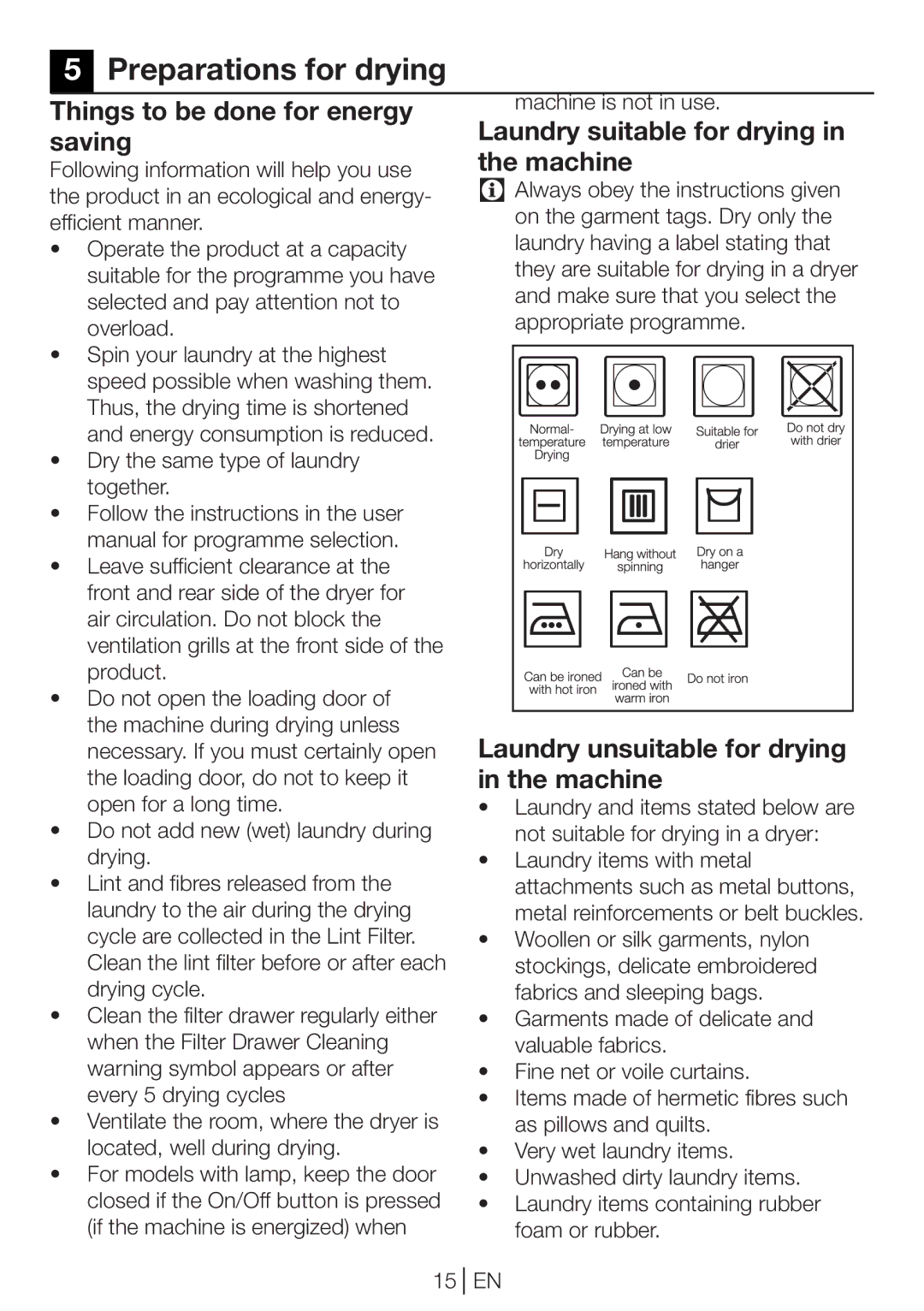 Beko DPU 8360 W Preparations for drying, Things to be done for energy saving, Laundry suitable for drying in the machine 