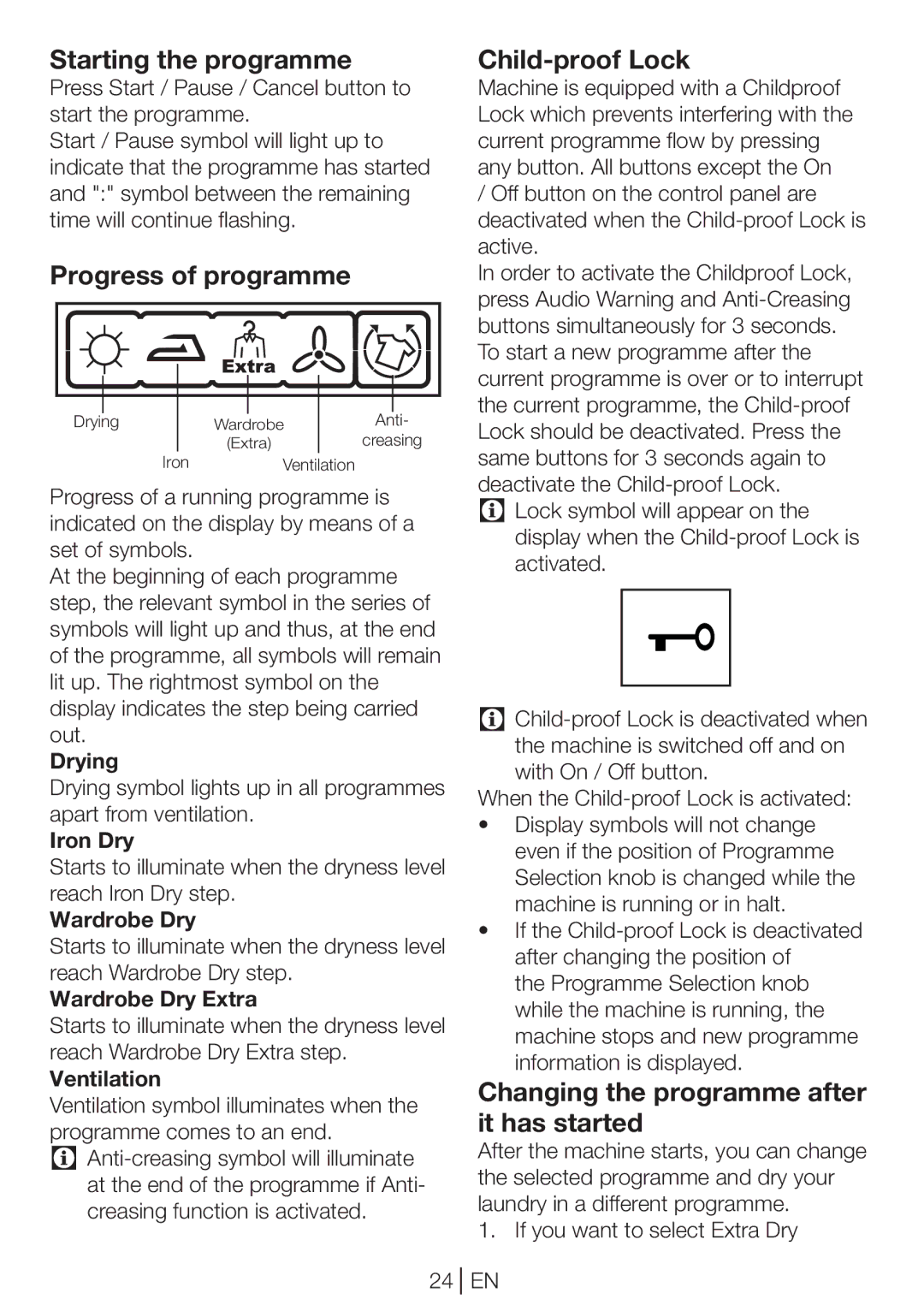 Beko DPU 8360 W manual Starting the programme, Progress of programme, Child-proof Lock 