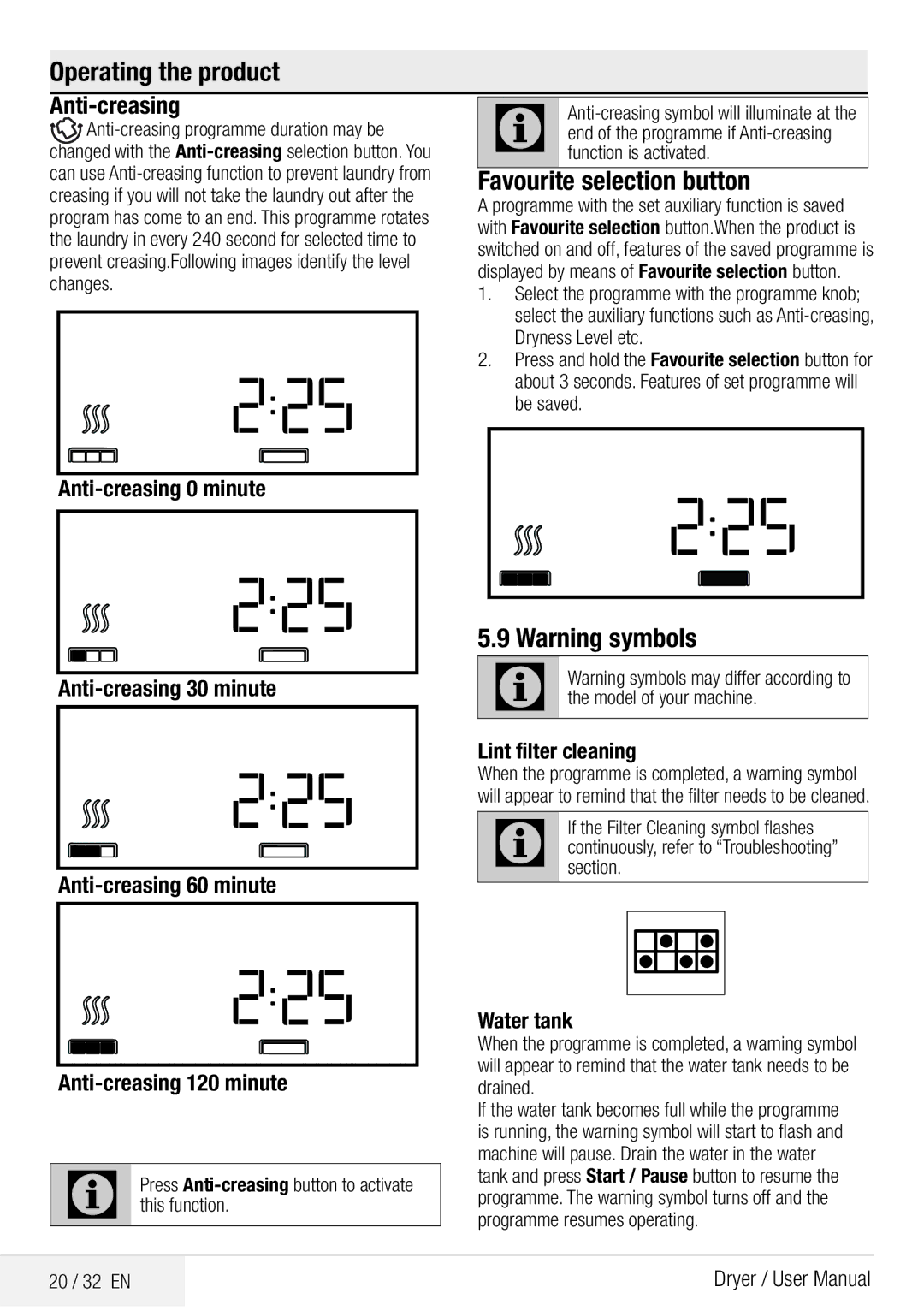 Beko DPY 7504 XB1 user manual Favourite selection button, Lint filter cleaning, Water tank, 20 / 32 EN 