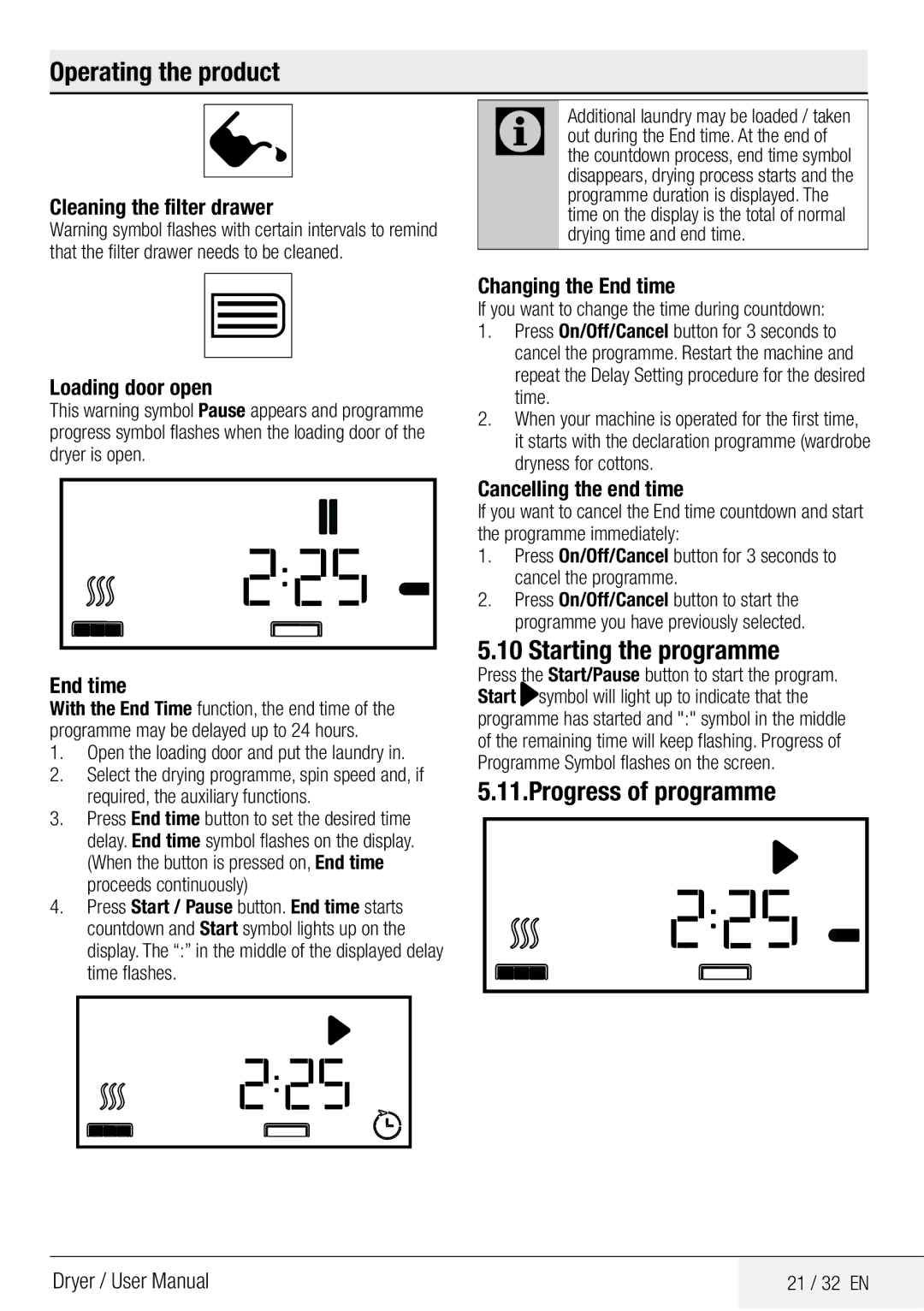 Beko DPY 7504 XB1 user manual Starting the programme, Progress of programme 