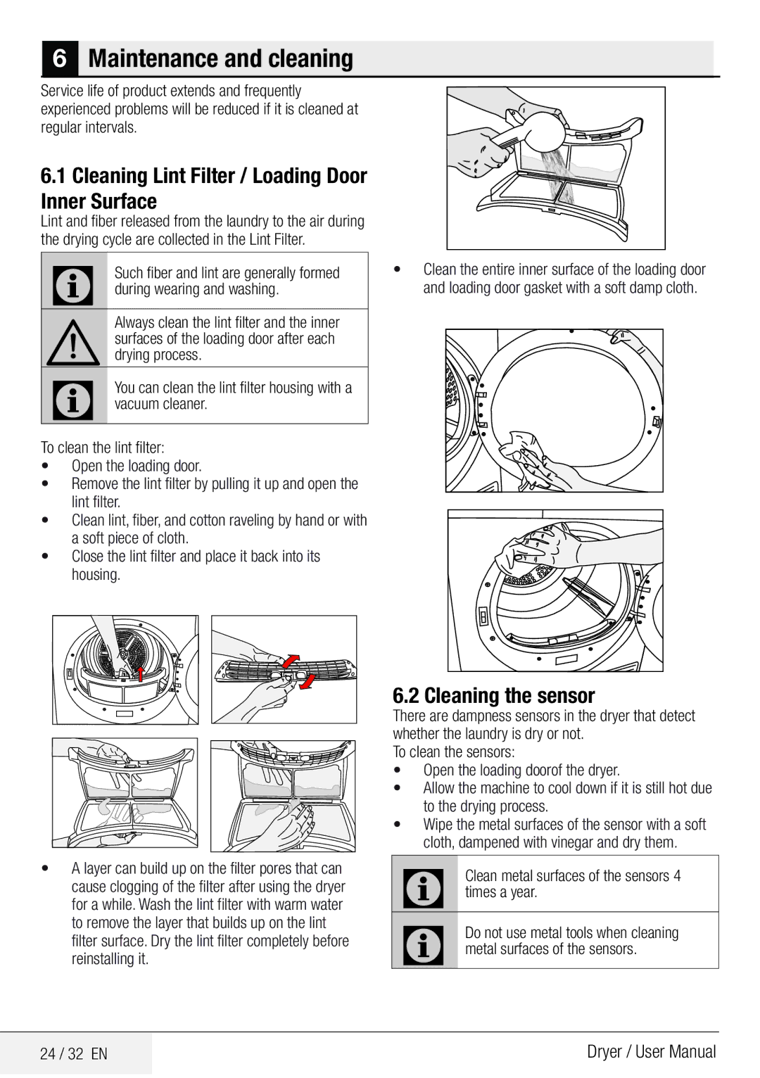 Beko DPY 7504 XB1 Maintenance and cleaning, Cleaning Lint Filter / Loading Door Inner Surface, Cleaning the sensor 