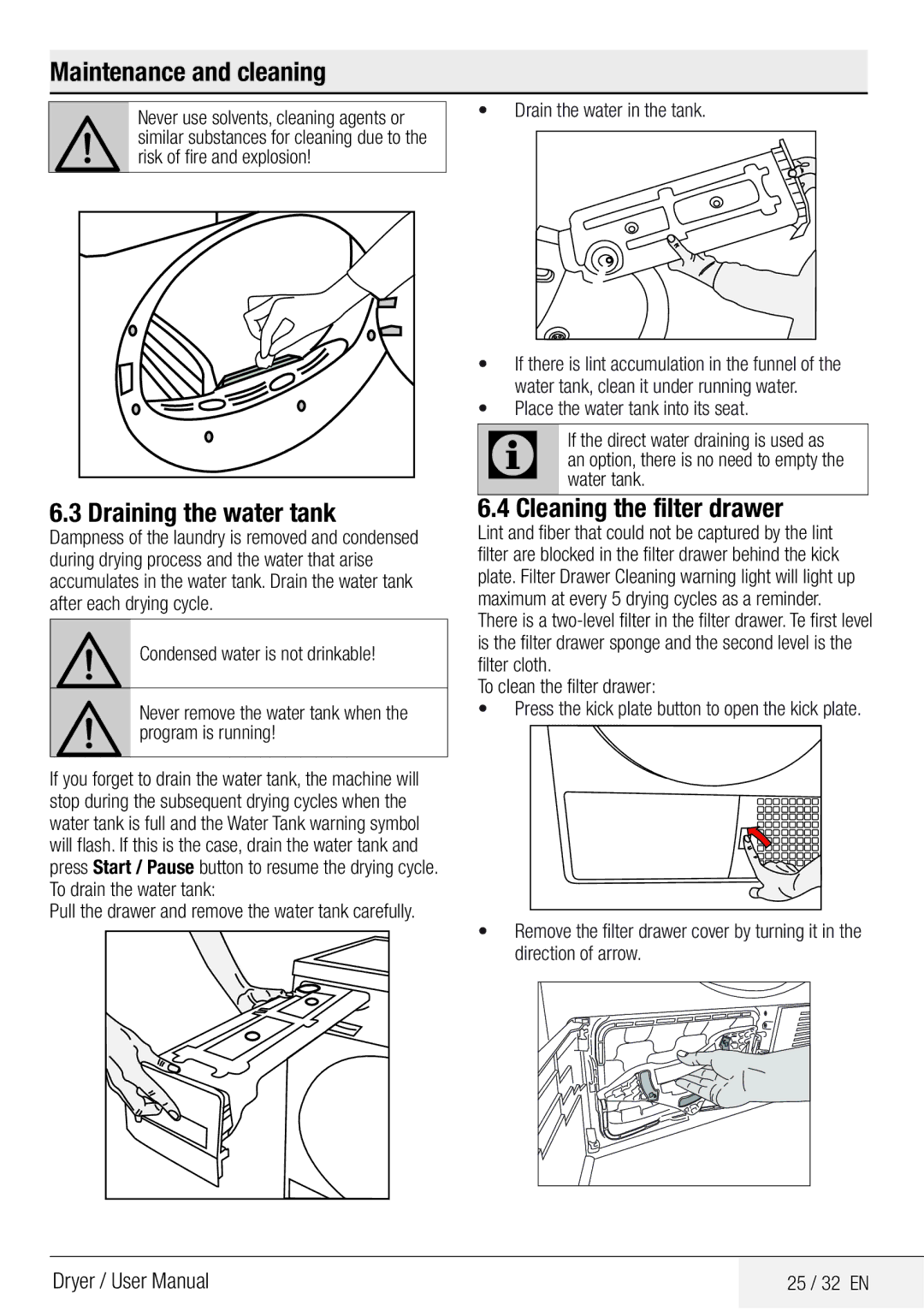 Beko DPY 7504 XB1 user manual Maintenance and cleaning, Draining the water tank, Cleaning the filter drawer, 25 / 32 EN 