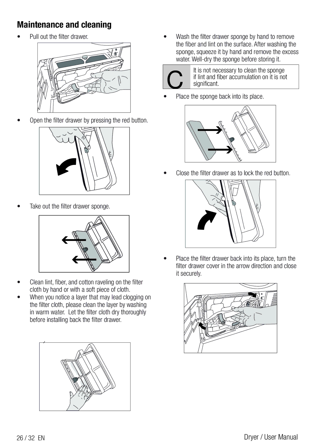 Beko DPY 7504 XB1 user manual Take out the filter drawer sponge, 26 / 32 EN 