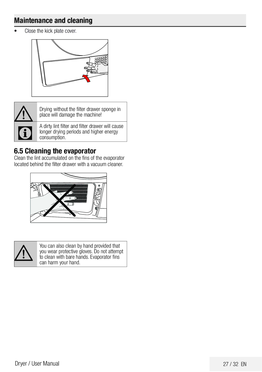 Beko DPY 7504 XB1 user manual Cleaning the evaporator, 27 / 32 EN 