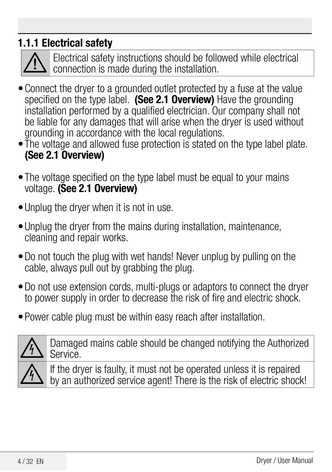 Beko DPY 7504 XB1 user manual Important safety and environmental instructions, Electrical safety 