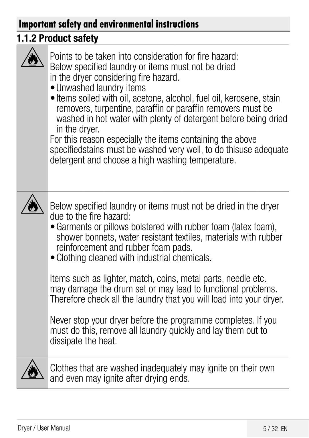 Beko DPY 7504 XB1 user manual Product safety, Unwashed laundry items, Clothing cleaned with industrial chemicals 