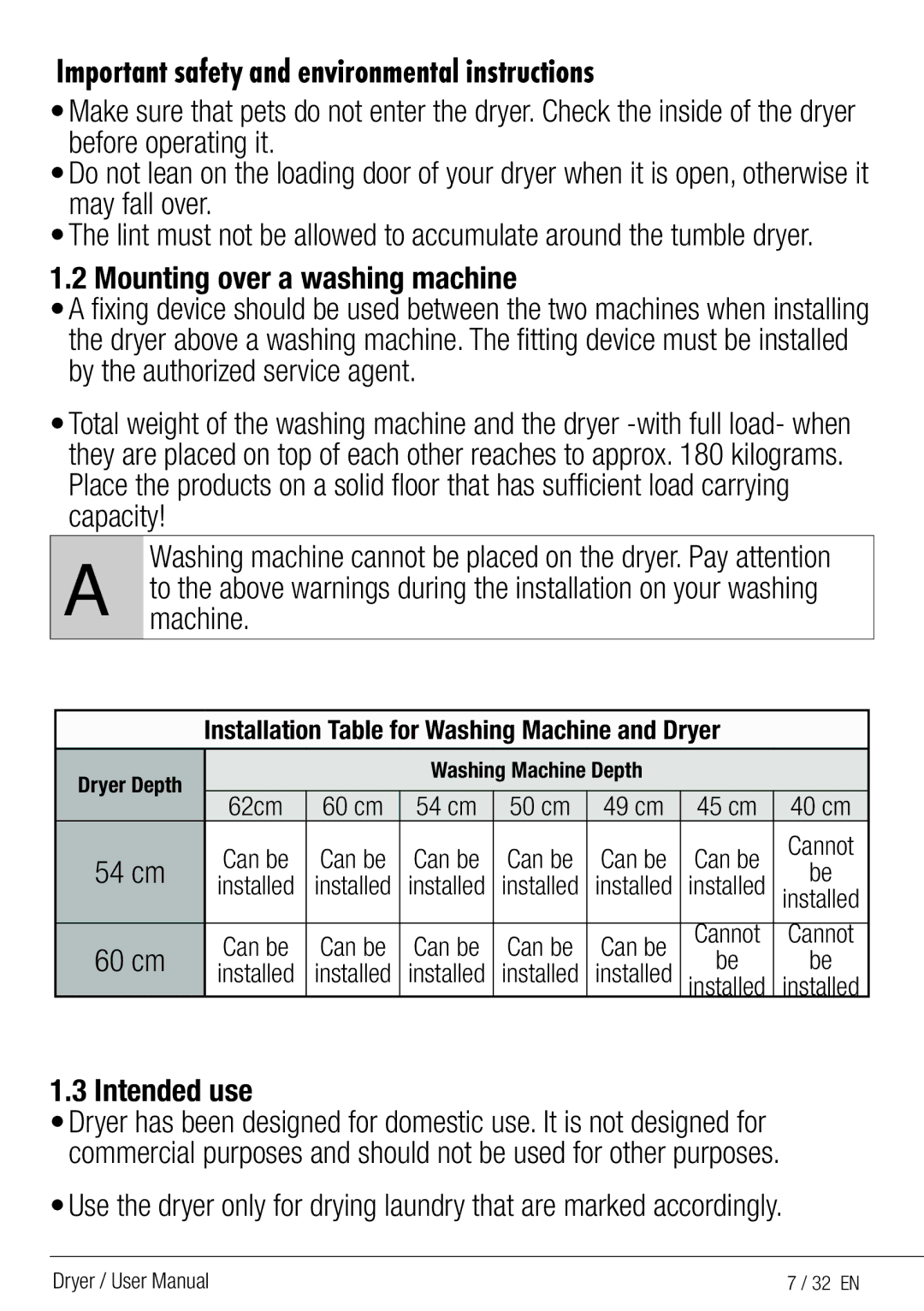 Beko DPY 7504 XB1 Mounting over a washing machine, Intended use, Installation Table for Washing Machine and Dryer 