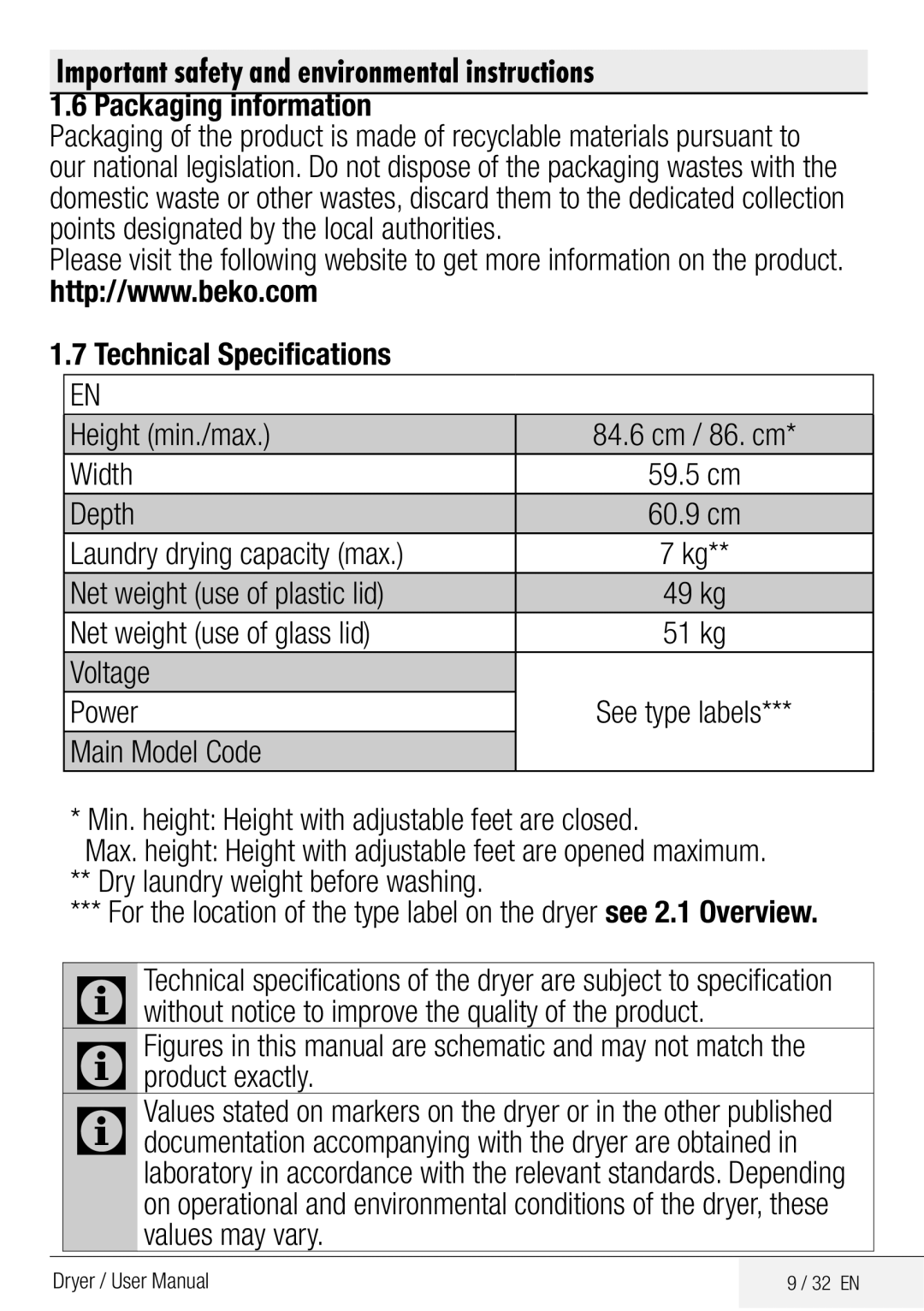 Beko DPY 7504 XB1 Packaging information, Depth, Laundry drying capacity max Net weight use of plastic lid, Voltage Power 