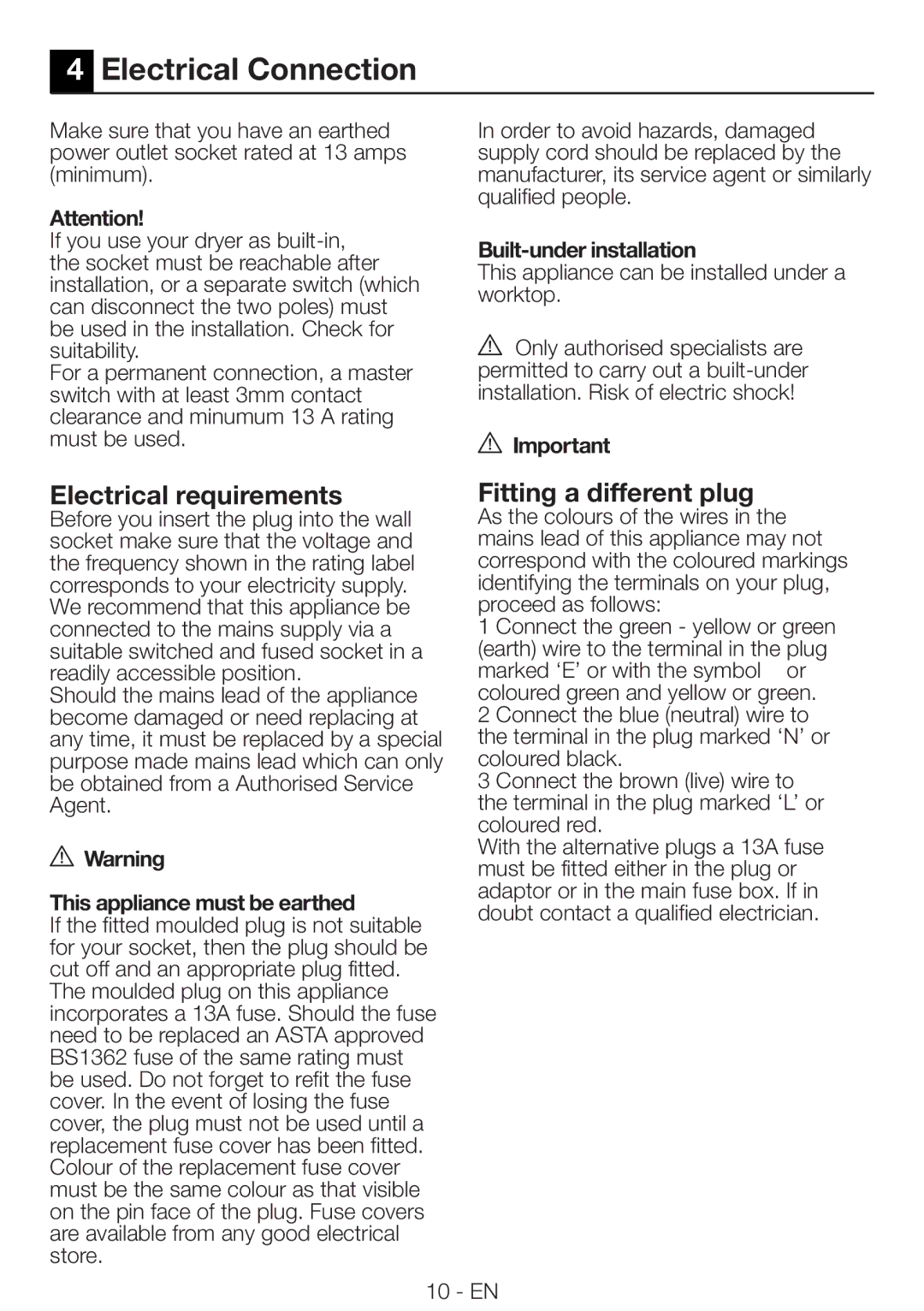 Beko DRCS 68 W manual Electrical Connection, Electrical requirements, Fitting a different plug, Built-under installation 