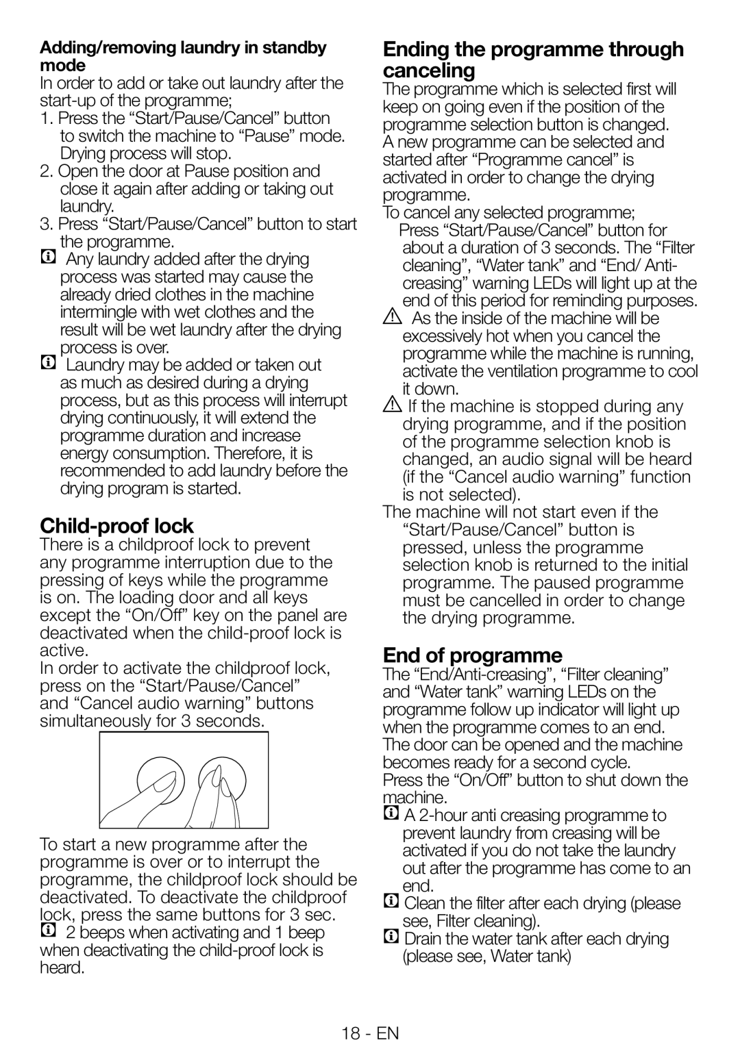 Beko DRCS 68 W, DRCS 68 S manual Child-proof lock, Ending the programme through canceling, End of programme 