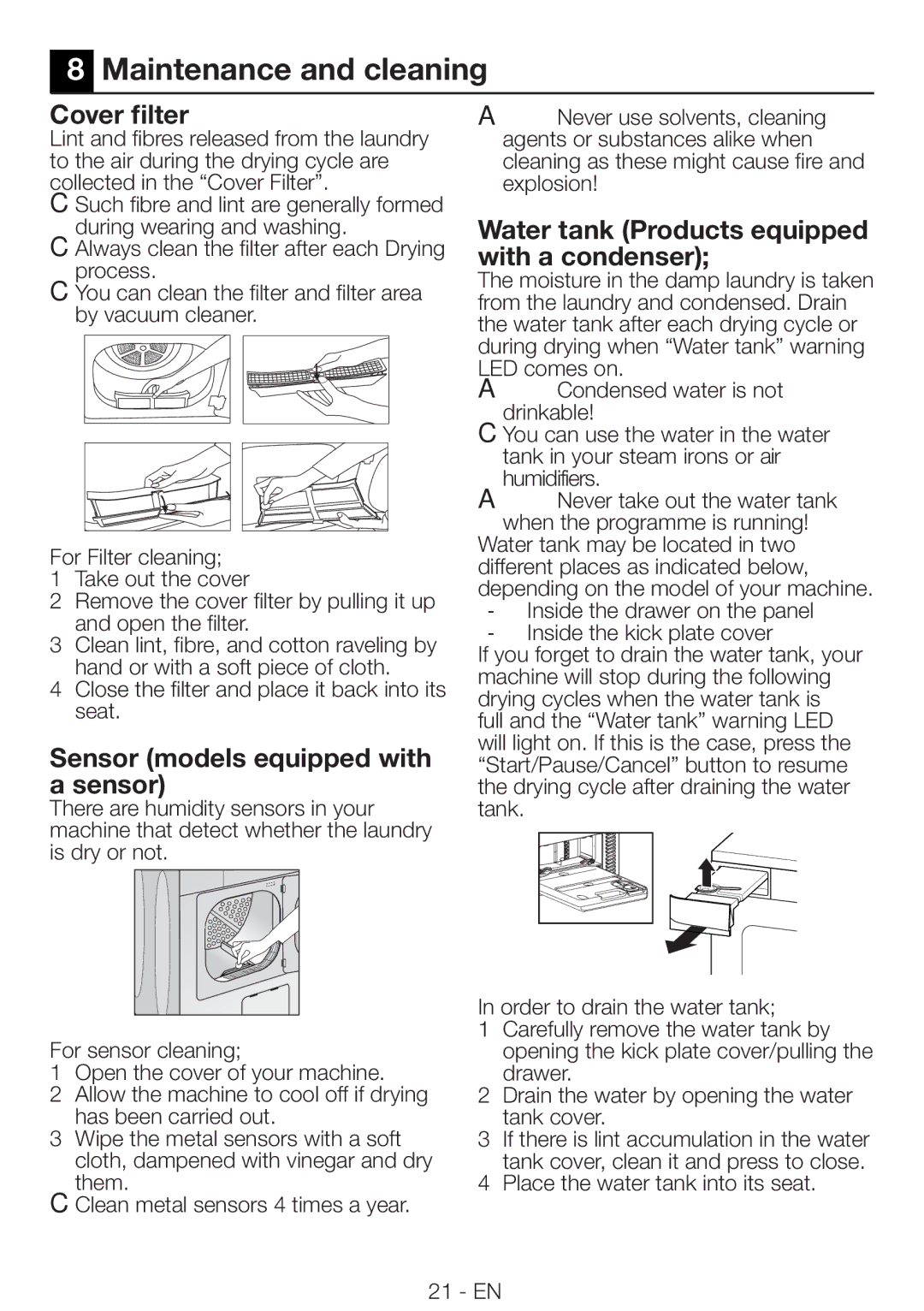 Beko DRCS 68 S, DRCS 68 W manual Maintenance and cleaning, Cover filter, Sensor models equipped with a sensor 