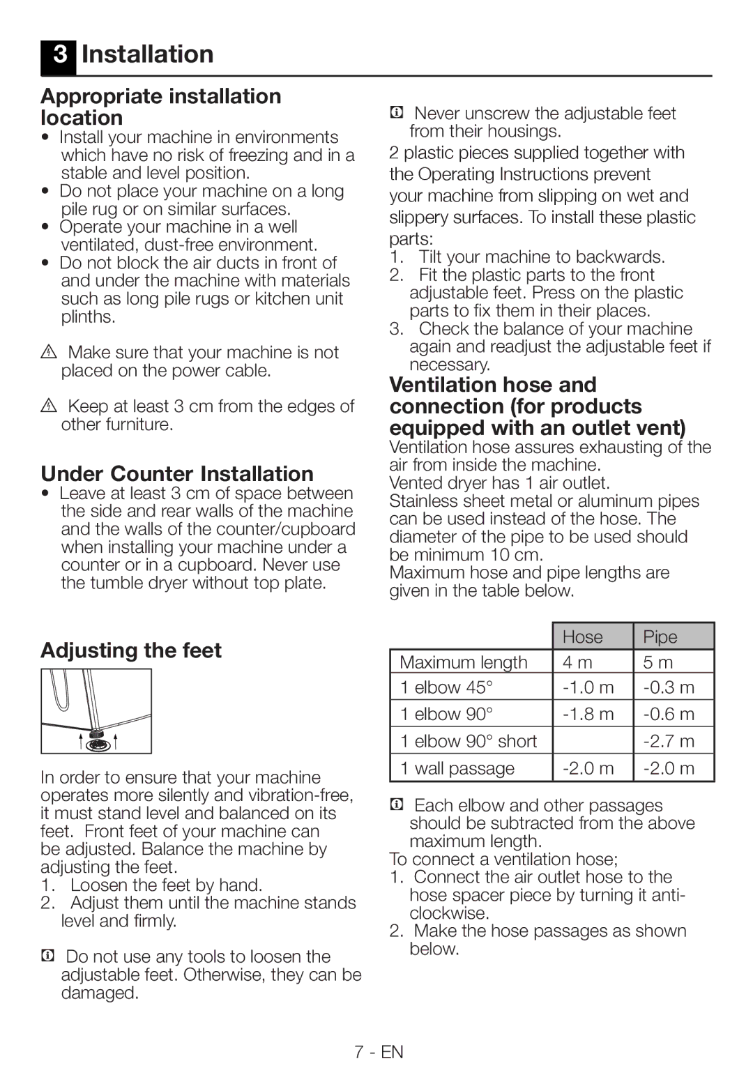 Beko DRCS 68 S, DRCS 68 W manual Appropriate installation location, Under Counter Installation, Adjusting the feet 